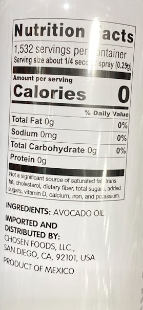 Chosen Foods Avocado Oil Spray Nutritional Panel - Costco