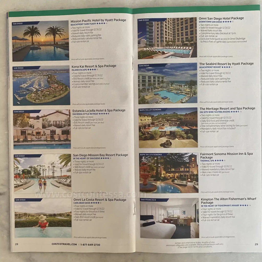 Deals on Costco Travel Packages 5 Mission Pacific Hotel by Hyatt, Kona Kai Resort & Spa, San Diego Mission Bay Resort, Omni La Costa Resort and Spa, Kimpton Fisherman's Wharf San Francisco, the seabird Resort by Hyatt, the Meritage Resort and Spa, Fairmont Sonoma Mission Inn & Spa, and Omni San Diego hotel.