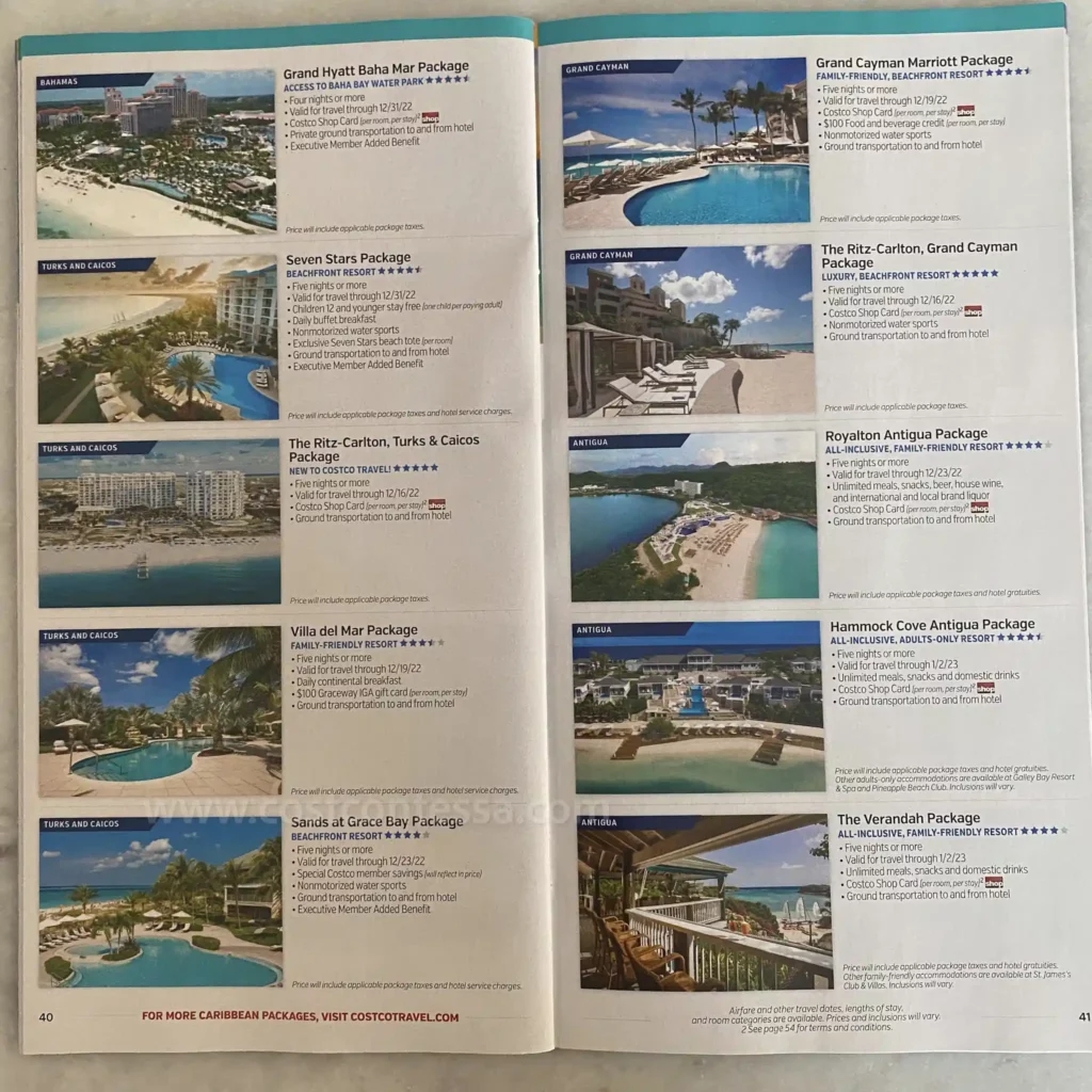 Deals on Costco Travel Packages 3 The Ritz-Carlton Grand Cayman, Royalton Antigua, the Ritz-Carlton Turks and Caicos, Seven Stars, Grand Hyatt Baha Mar, Grand Cayman Marriott, Sands at Grace Bay, The Verandah, Hammock Cove Antigua, Villa Del Palmar